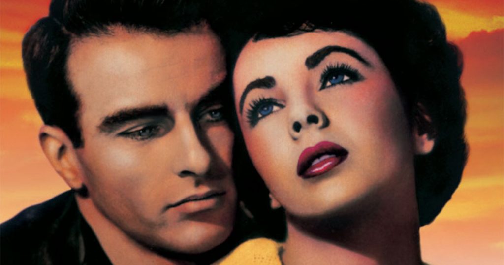 Montgomery Clift and Elizabeth Taylor embrace in the poster for A Place in the Sun