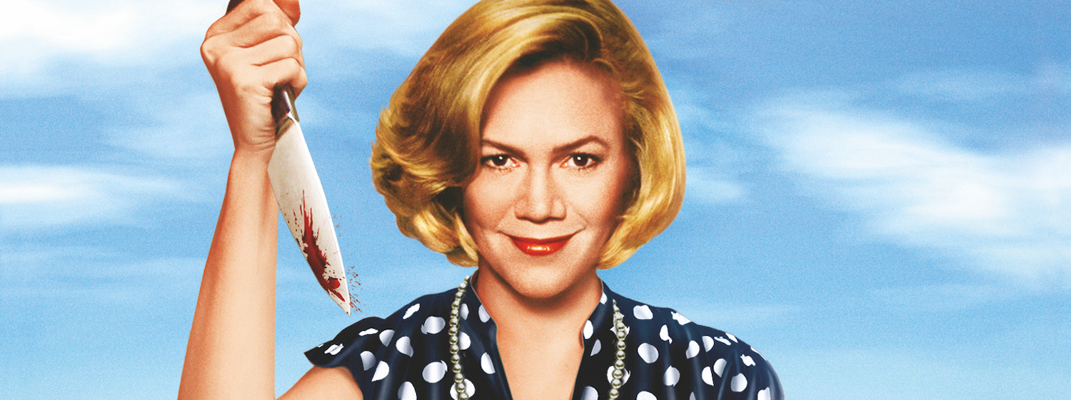 Kathleen Turner holds a bloodied knife in the poster art from Serial Mom