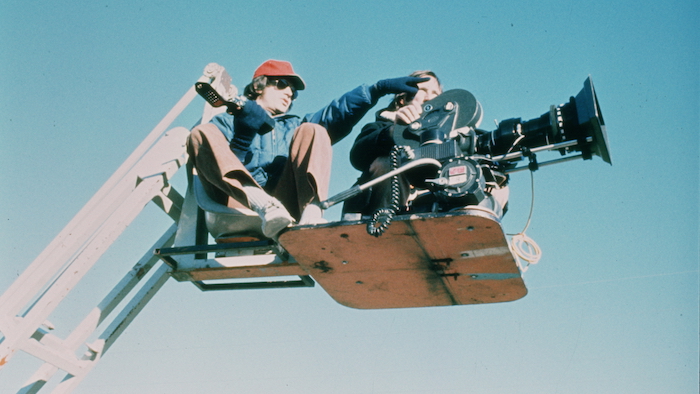 Stephen Spielberg on a camera crane on the set of The Sugarland Express
