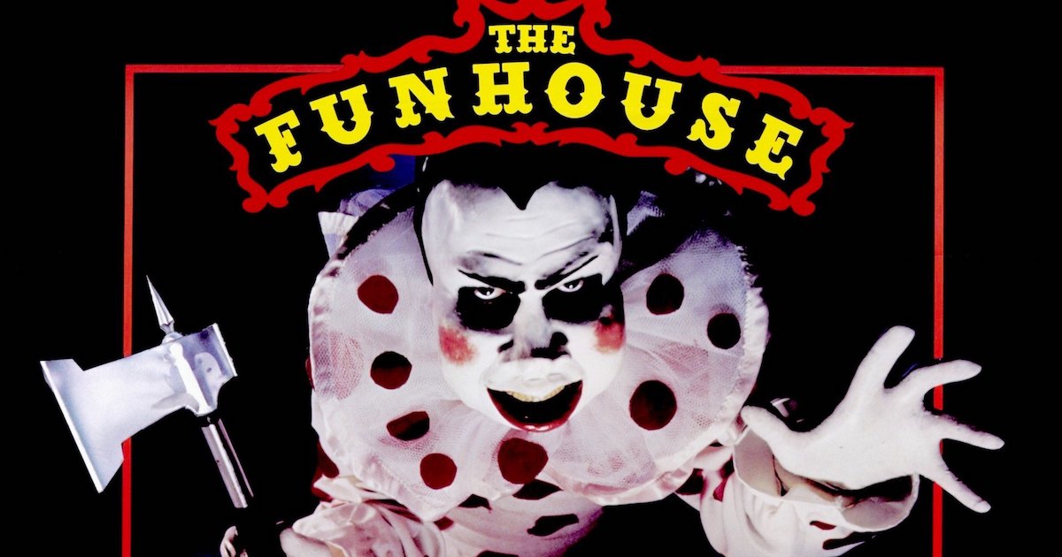 extreme close up of a menacing clown from the poster for Tobe Hooper's The Funhouse