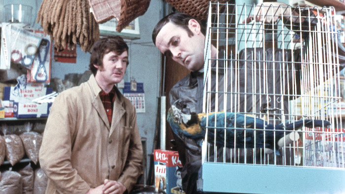 Scene from And Now for Something Completely Different. John Cleese as a customer holds up a bird cage to show Michael Palin as a pet shop clerk. Inside the cage, bereft of life, is a stiff, fully horizontal ex-parrot which has clearly ceased to be.