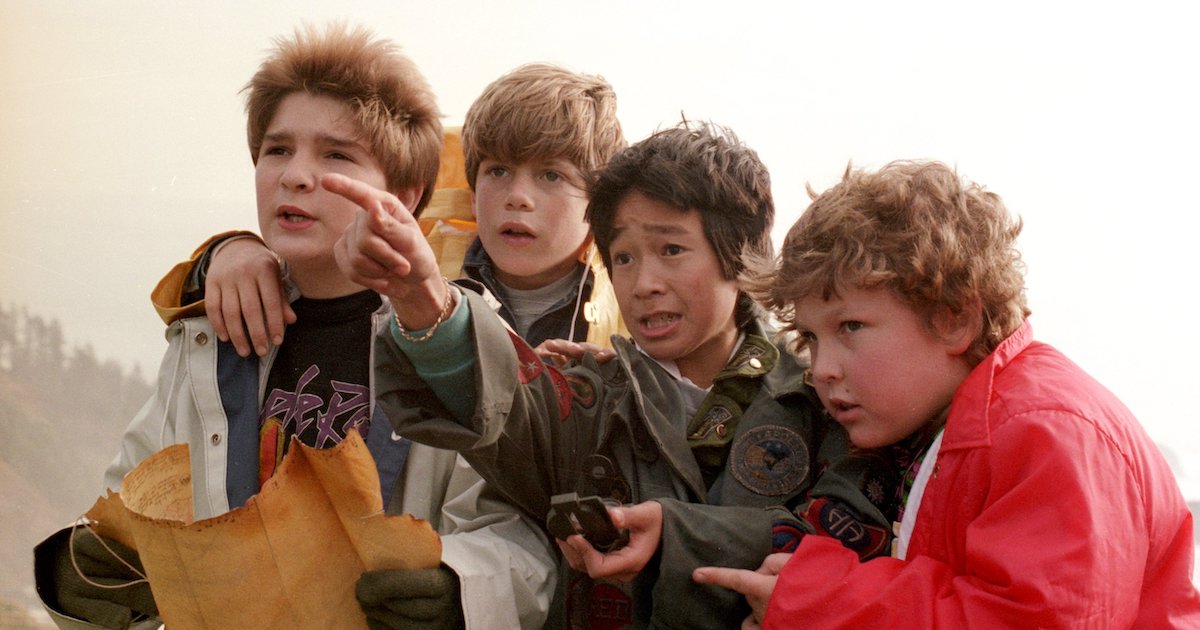 Four young boys with a map and a compass point into the distance