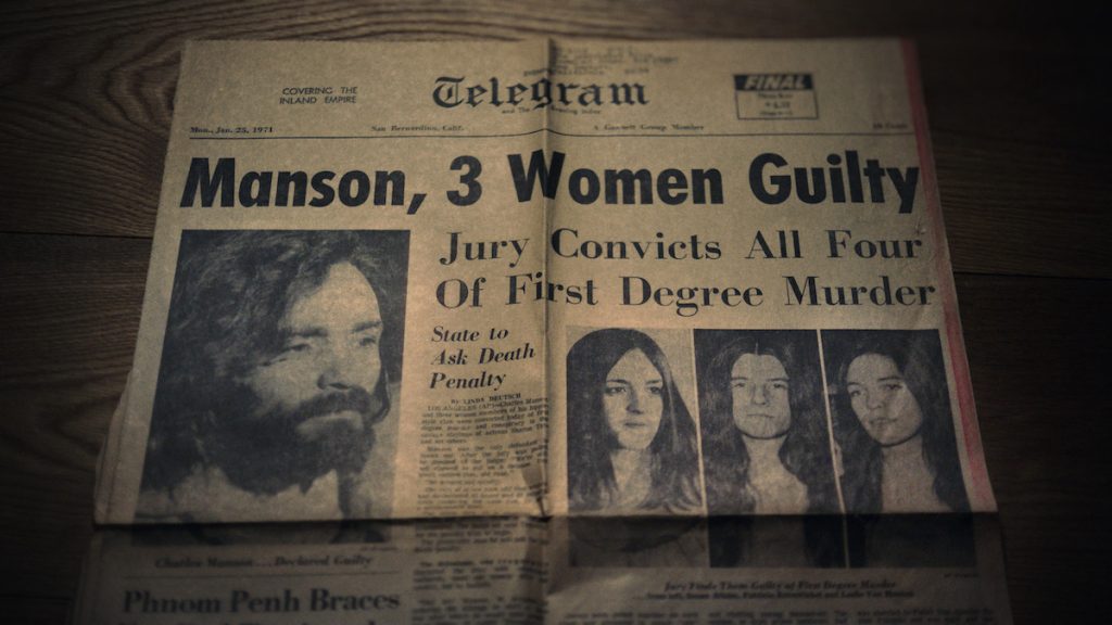 San Bernardino Telegram newspaper front page for January 25, 1971. Headline reads "Manson, 3 Women Found Guilty – Jury Convicts All Four of First Degree Murder – State to Ask Death Penalty"