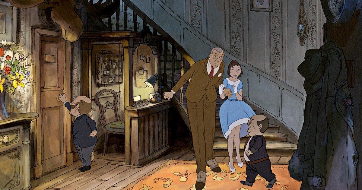 In a scene from the animated film the illusionist, an older man and a young woman stand at the bottom of a stairway in an old hotel lobby as two little people walk by.