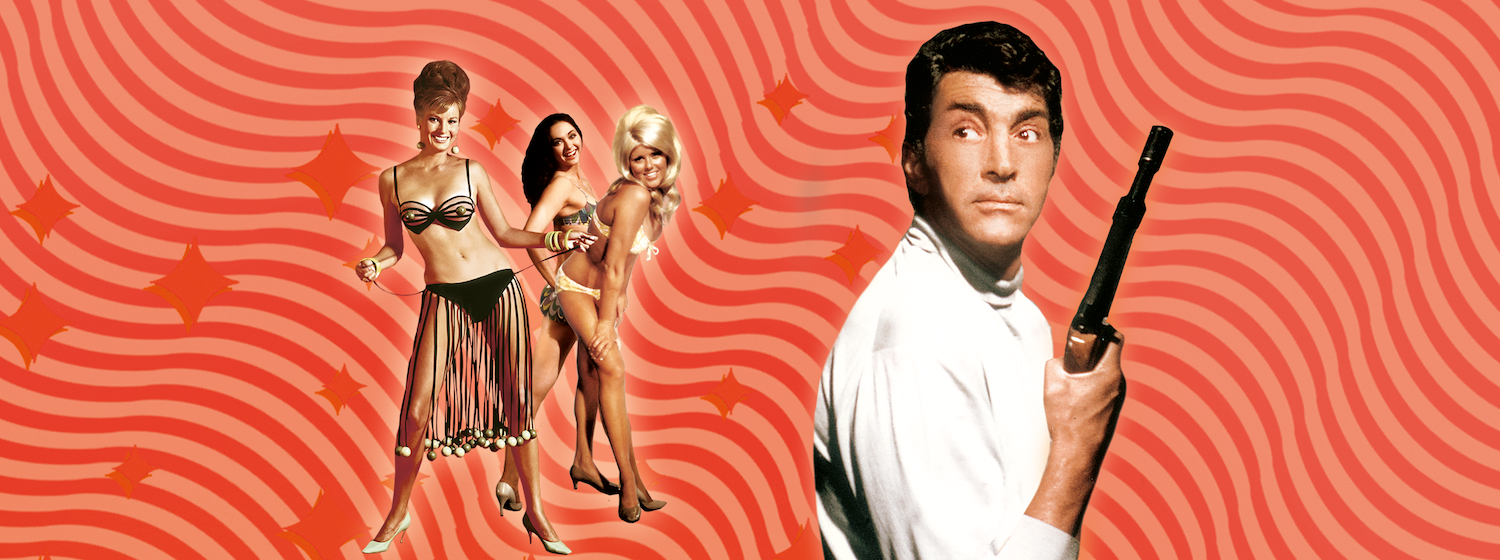 Key art from Murderers Row (1968) featuring cut outs of Dean Martin holding a gun and bikini clad women on a psychedelic background