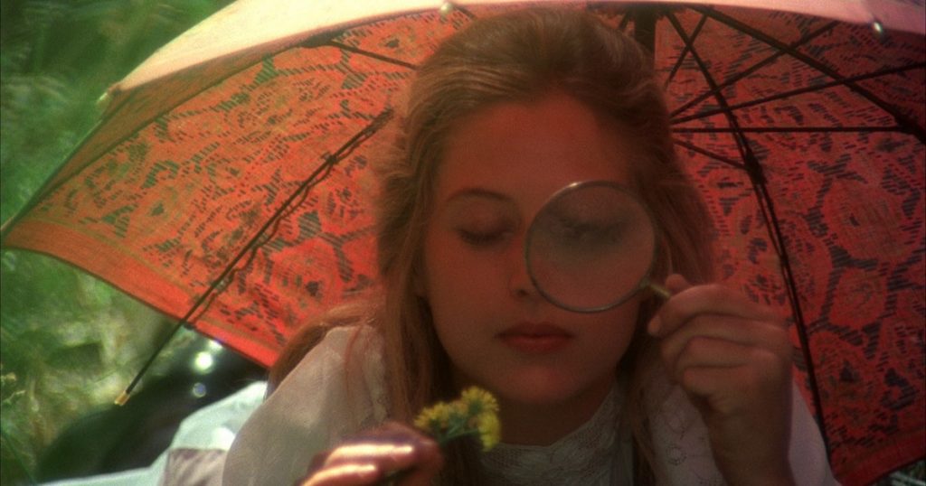 A girl under an umbrella looks at a flower through a magnifying glass