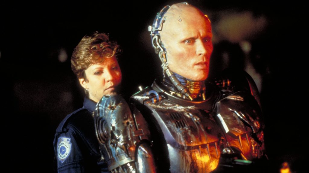 Robocop (Peter Weller) and his partner Nancy Allen in Robocop